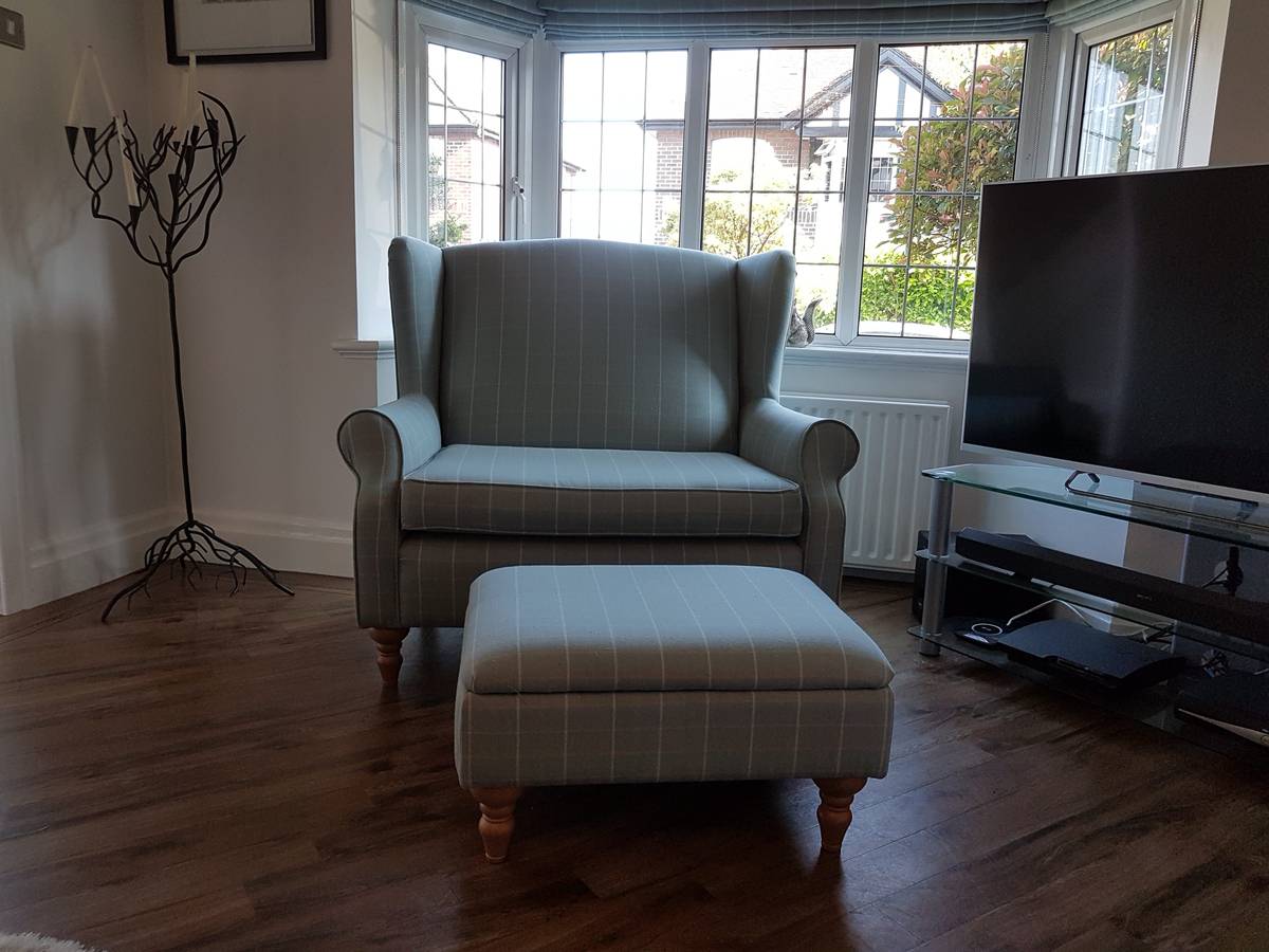 Wingback loveseat and ottoman recovered in sage windowpane check